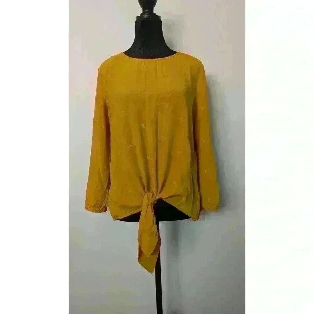Mustard Yellow Crew Neck Blouse Long Sleeve Ann Taylor Loft Size Medium